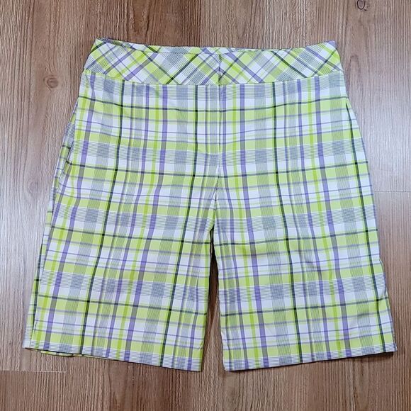 ☔️🔹️Izod Golf Lime Green & Purple Plaid Bermuda Shorts Size 4 - Picture 1 of 9